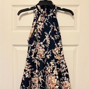 Woman’s Floral Halter Neck Fit&Flare Mini Navy Dress Pink/white Flowers Sz 7/8